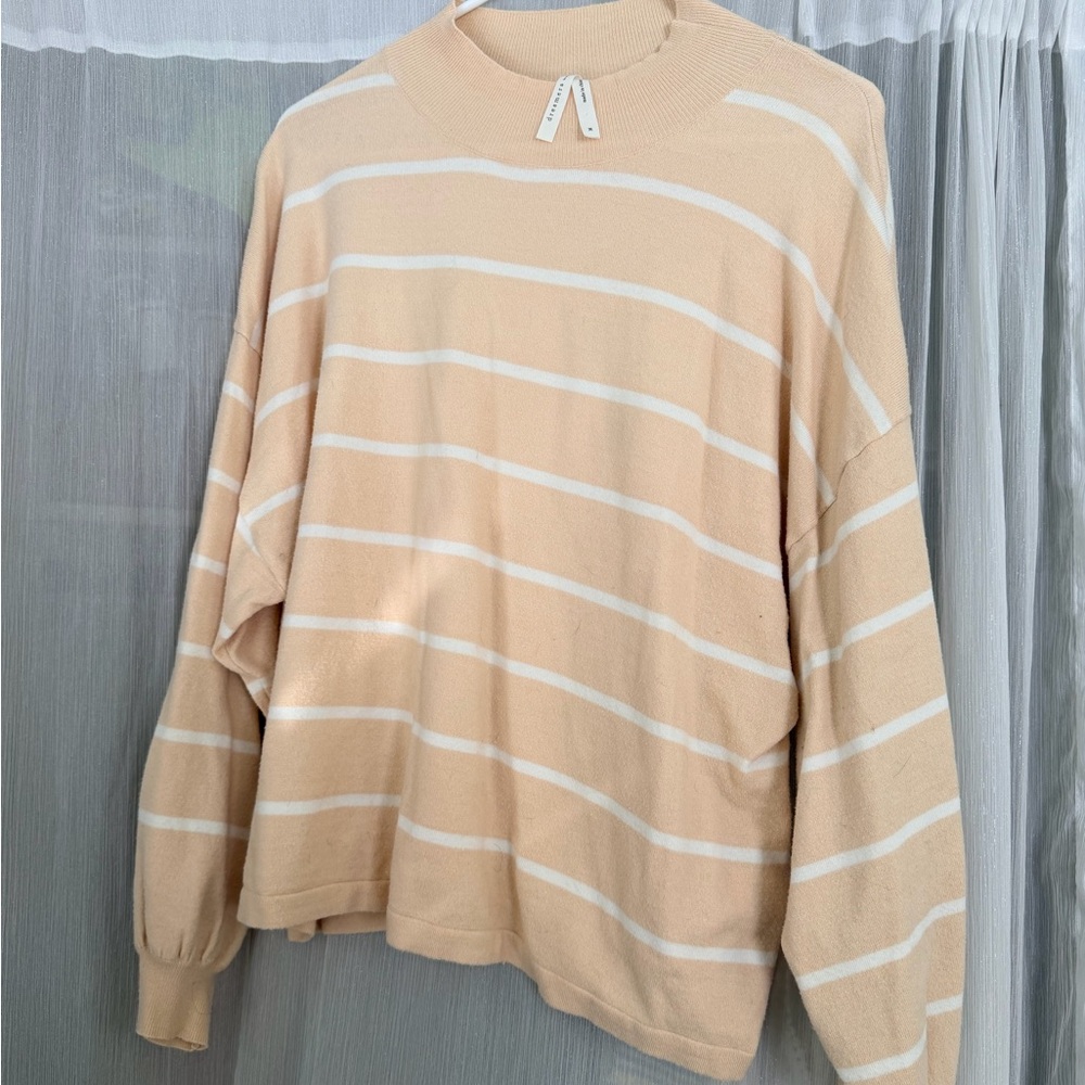 Dreamers Tan and White Striped Crewneck Sweater
